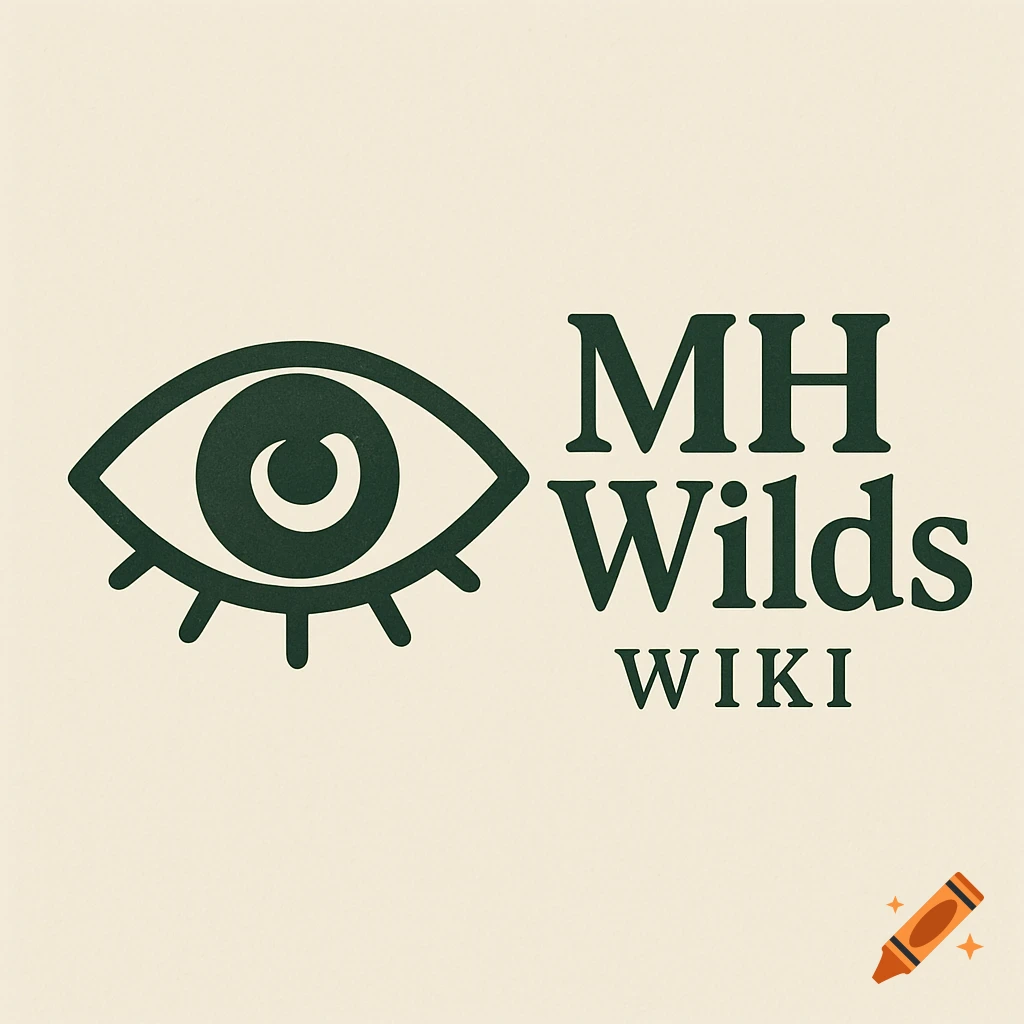 Stylized dark green eye logo next to text 'MH Wilds WIKI' on a light background.