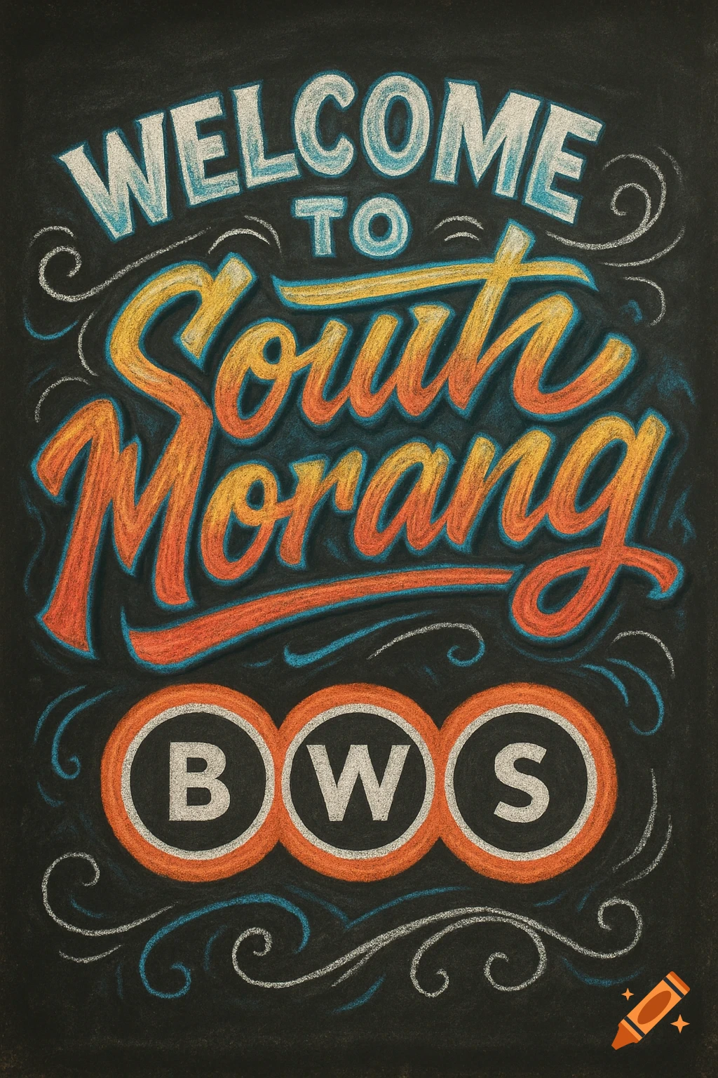 Chalk art sign reading "Welcome to South Morang BWS" with letters in circles.
