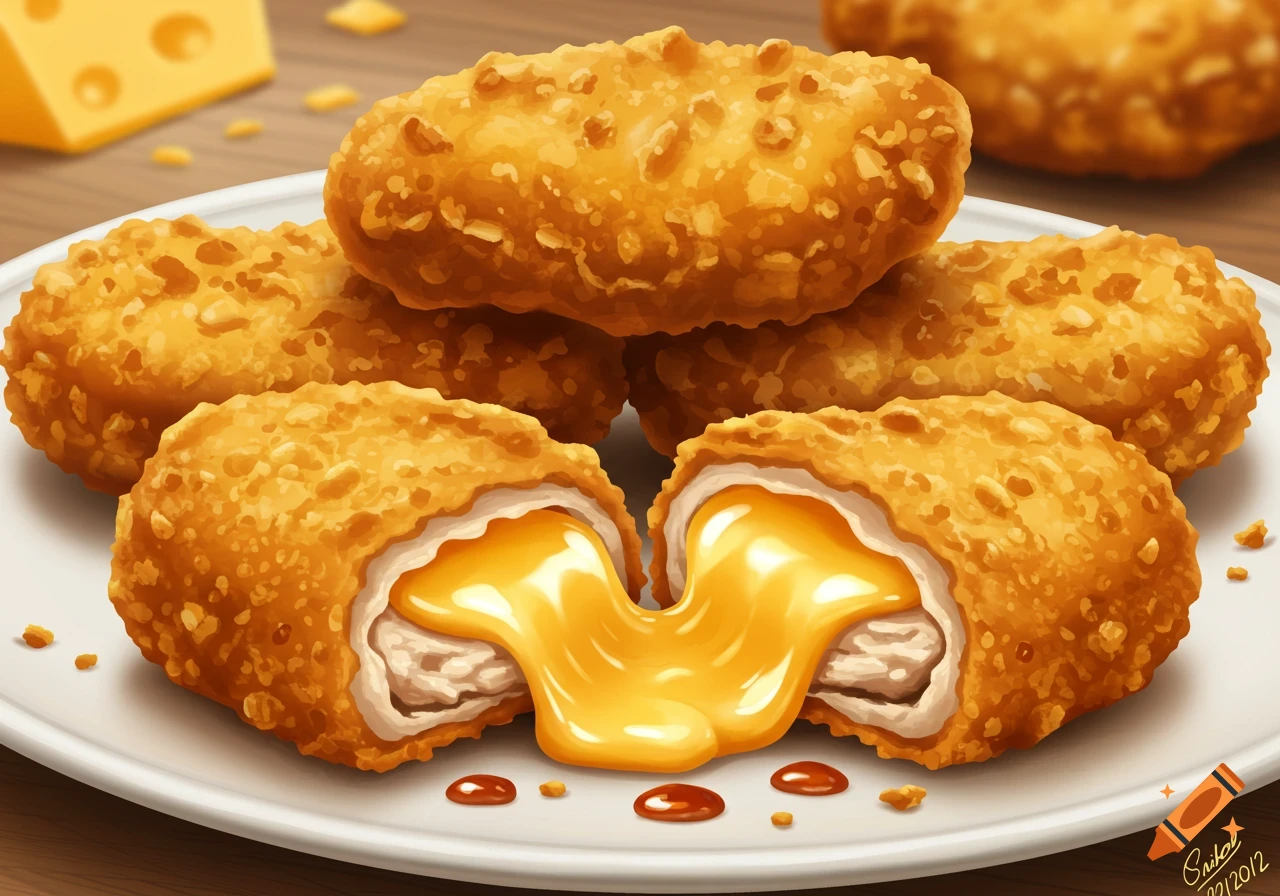 Close-up of chicken nuggets filled with gooey melted cheese on a white plate. A block of cheese is in the background.