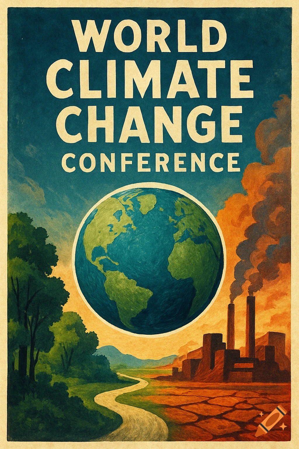 Vintage style poster for World Climate Change Conference showing Earth, nature, path, and smoking factories.