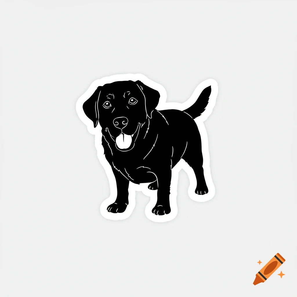 A black outline drawing of a standing black labrador dog sticker with a white border.