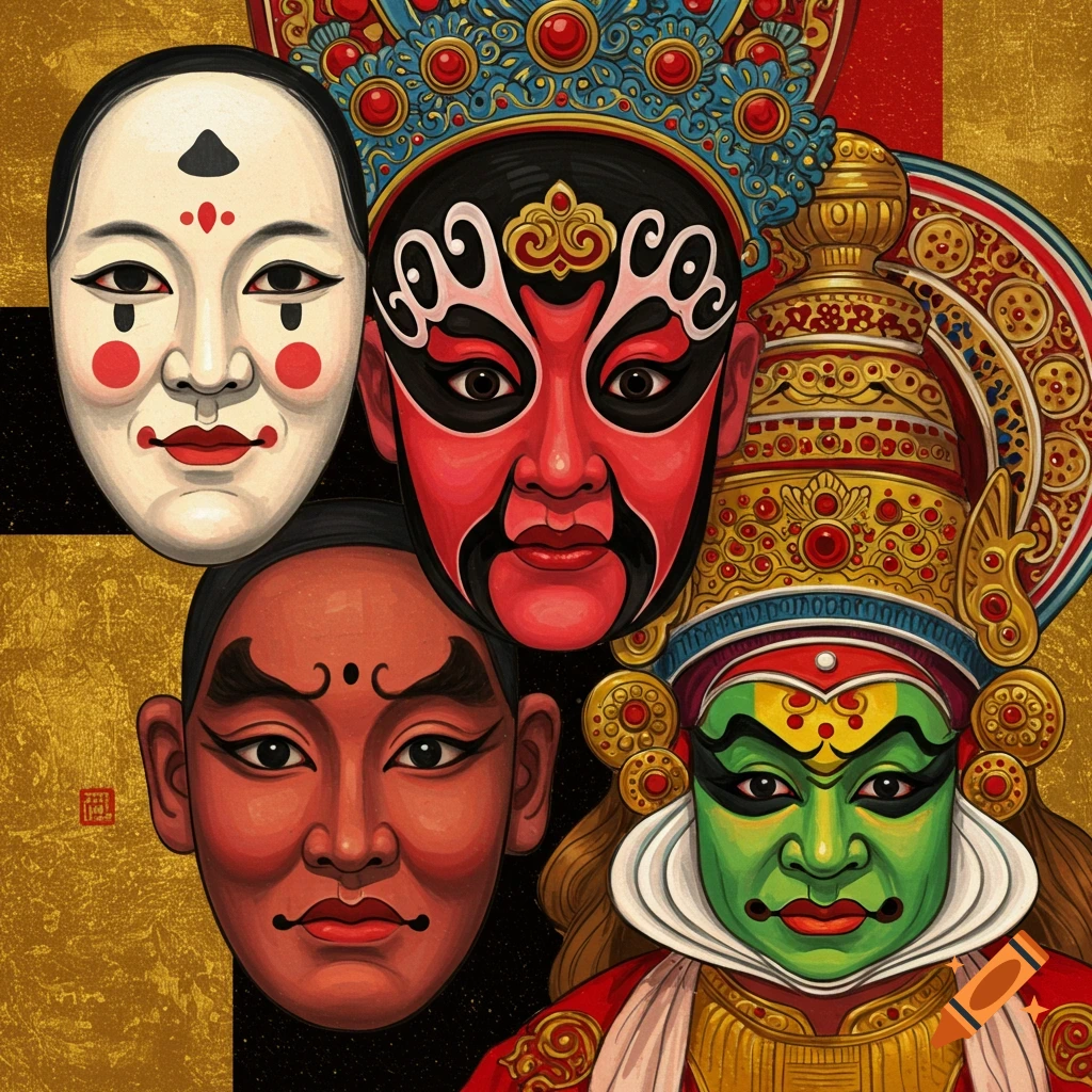 Collage of theatrical masks and face paint styles, including Noh, Peking Opera, and Kathakali