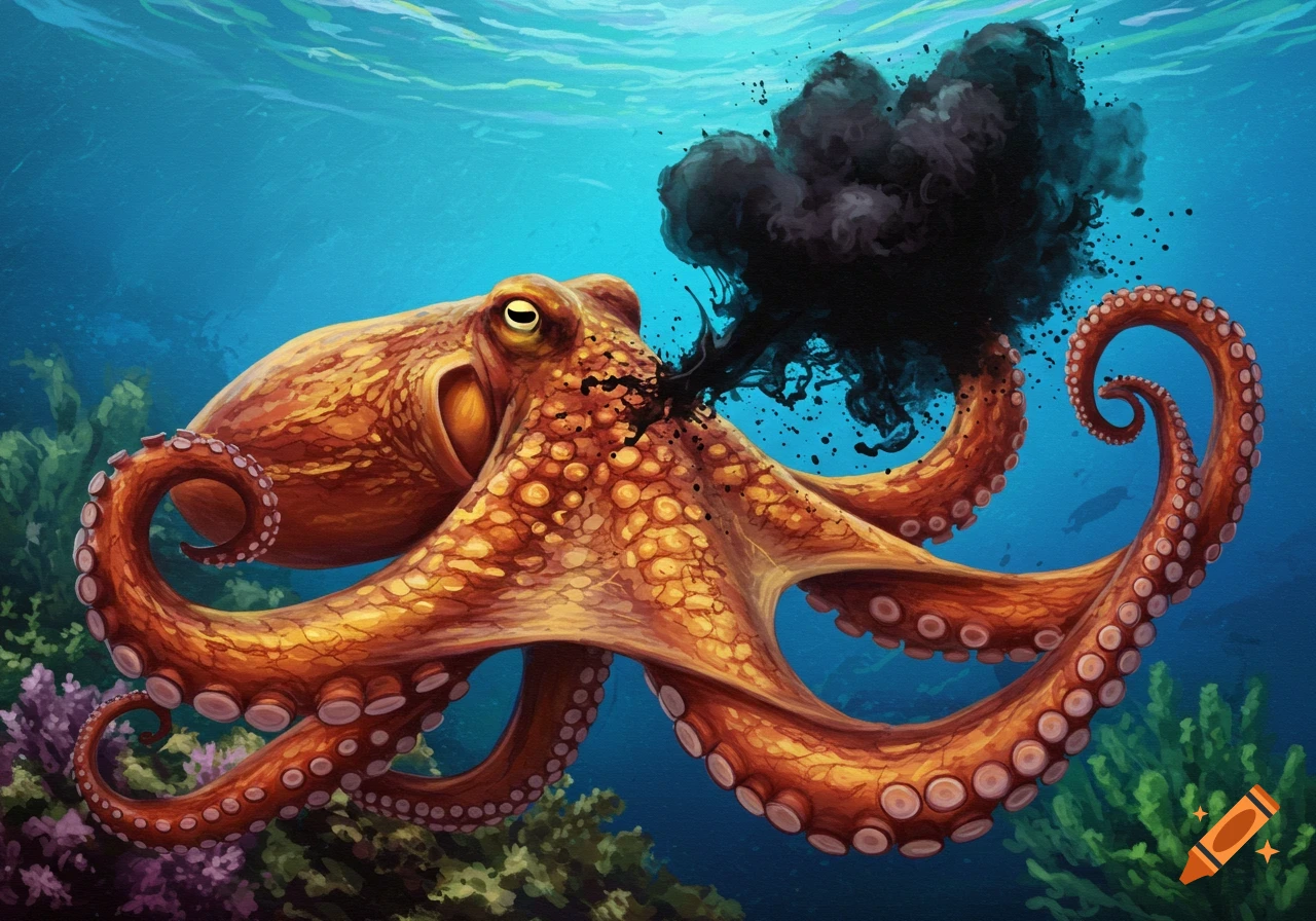 Illustration of an orange octopus underwater spewing black ink.