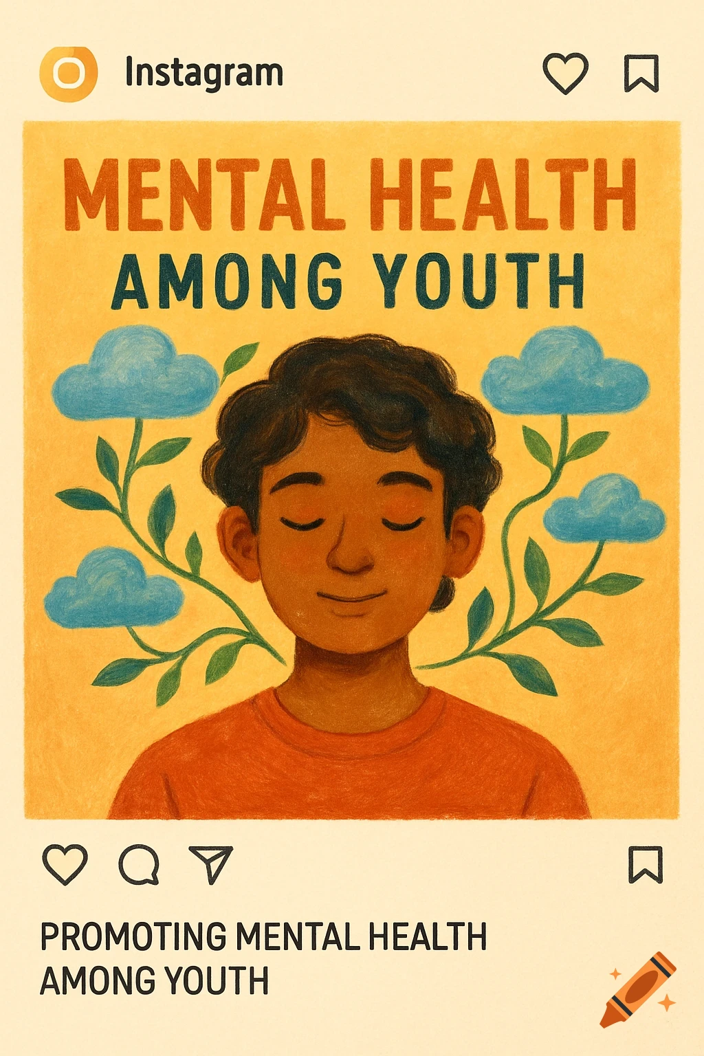 Illustration of a child with eyes closed, surrounded by clouds and plants, on a poster about mental health among youth, in an Instagram post format.