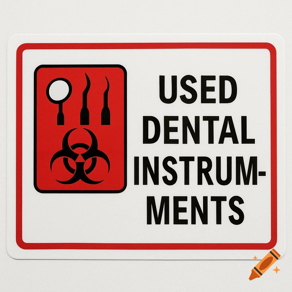 A safety label for used dental instruments featuring a biohazard symbol.