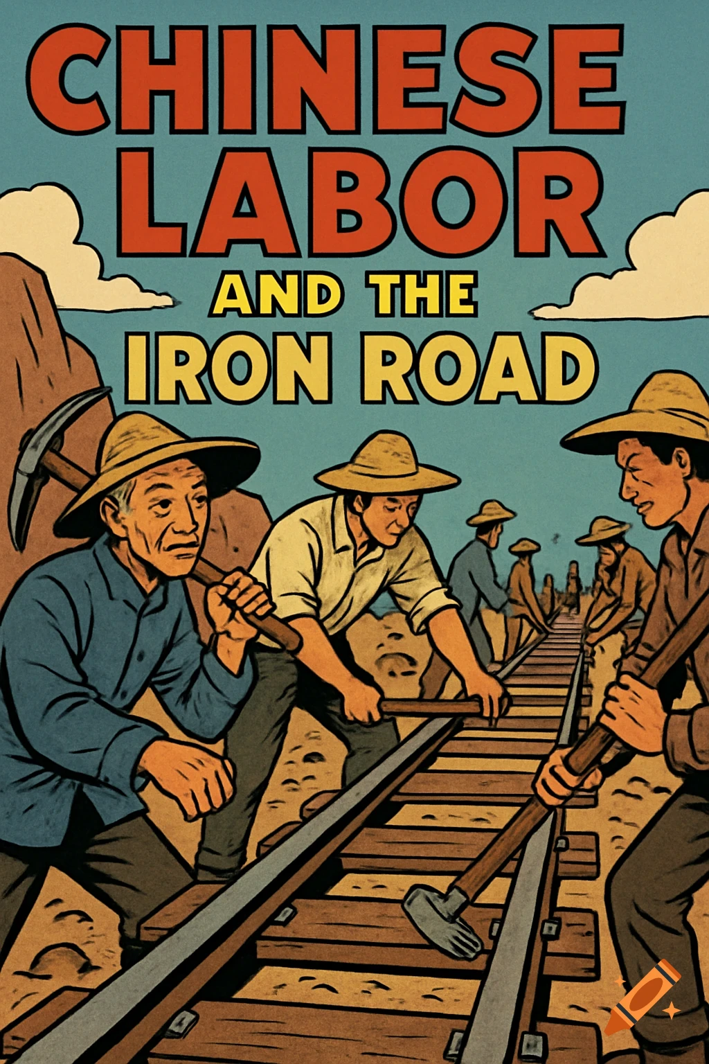 Vintage poster shows Chinese laborers building a railway track. Text reads 'Chinese Labor and the Iron Road'.