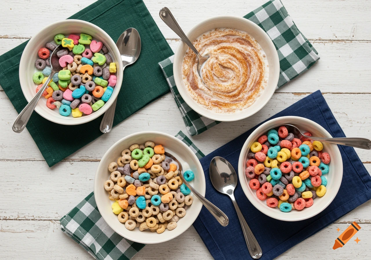 Three bowls of different cereals with spoons on a wooden table with placemats.