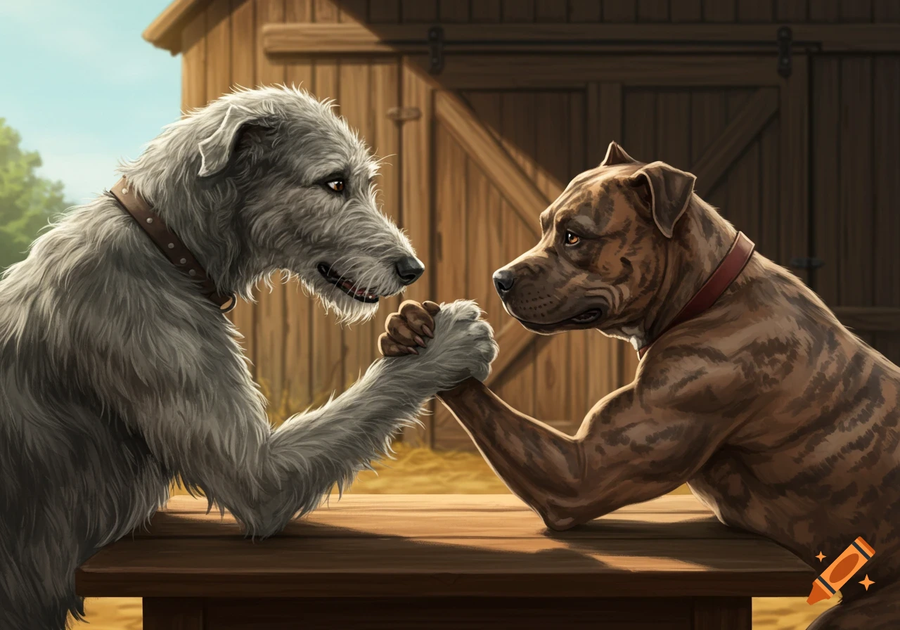An Irish wolfhound and a brindle pitbull arm wrestle at a table.