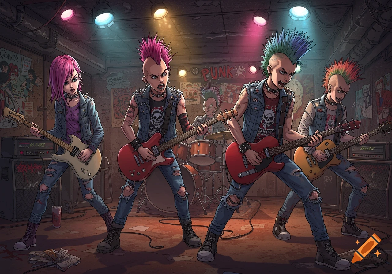 Anime style illustration of a punk band with one girl and three guys playing instruments in a gritty room