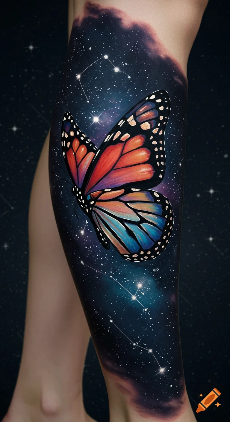 Vibrant butterfly and constellation tattoo on a leg, set against a deep space background.