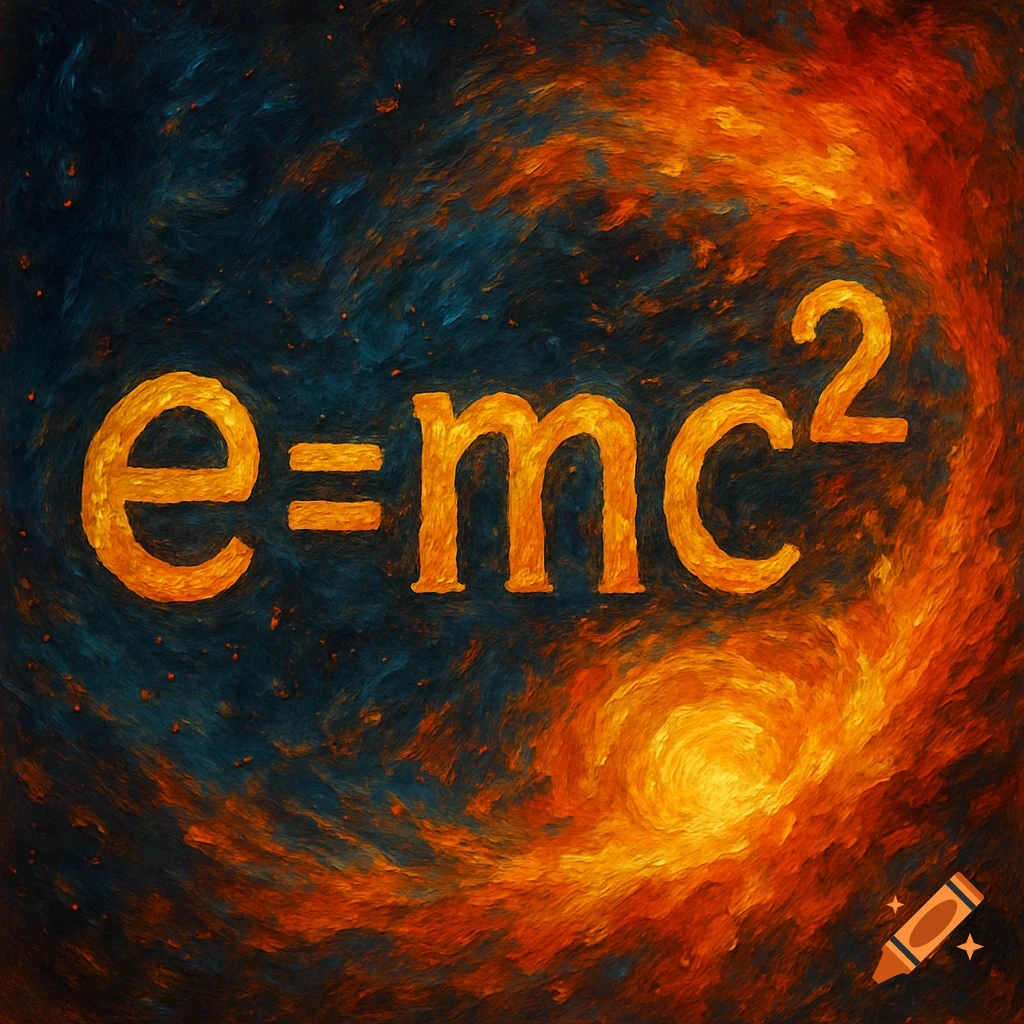 The equation E=mc² in gold text against a swirling orange and blue cosmic background.