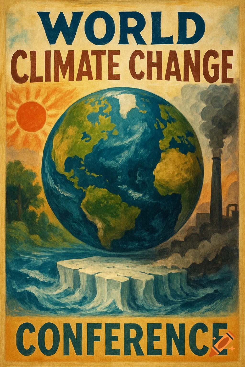 A painterly poster for a world climate change conference showing the Earth over melting ice, with factories polluting.