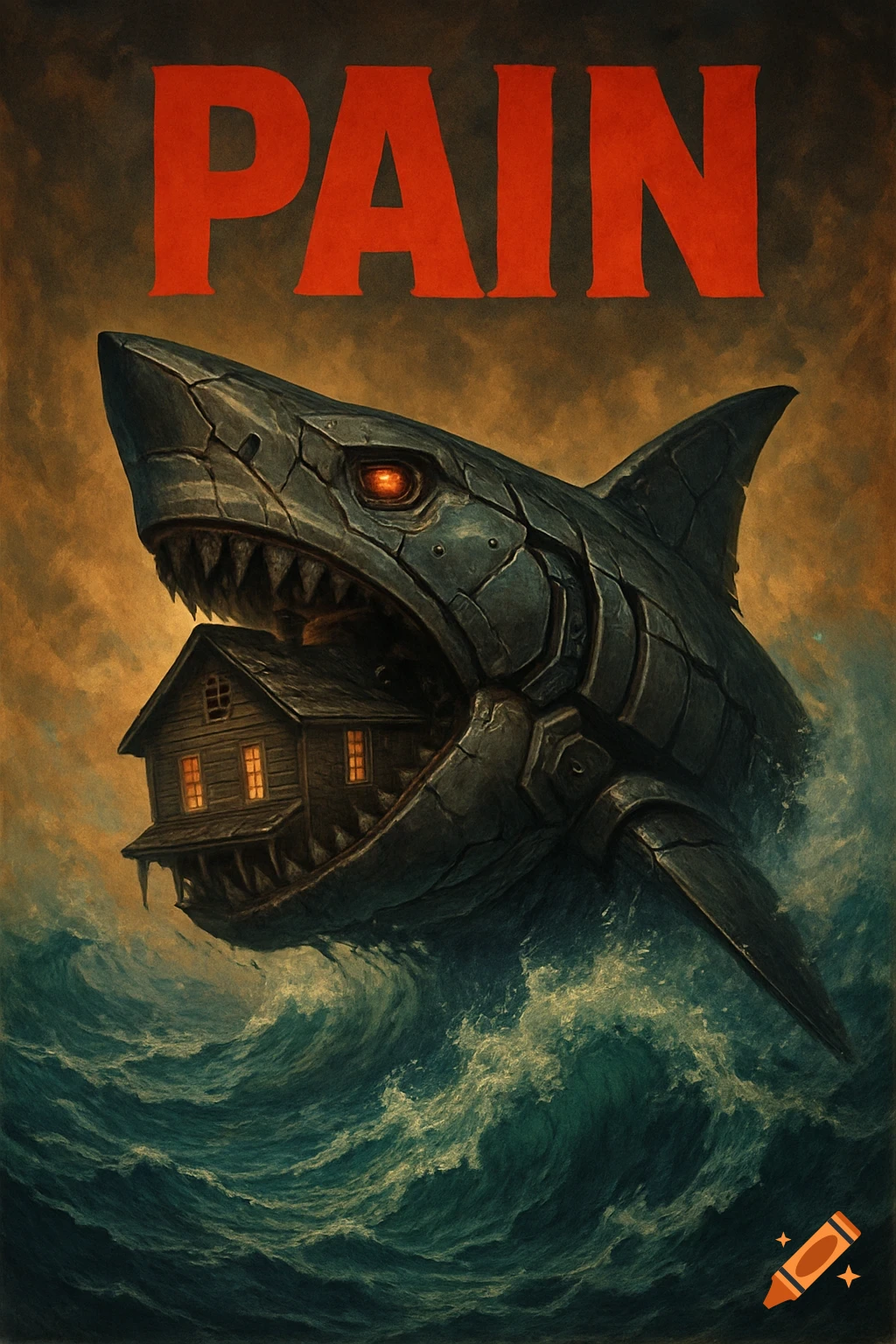 Poster of a mechanical shark swallowing a house in the ocean, with the word PAIN above it.