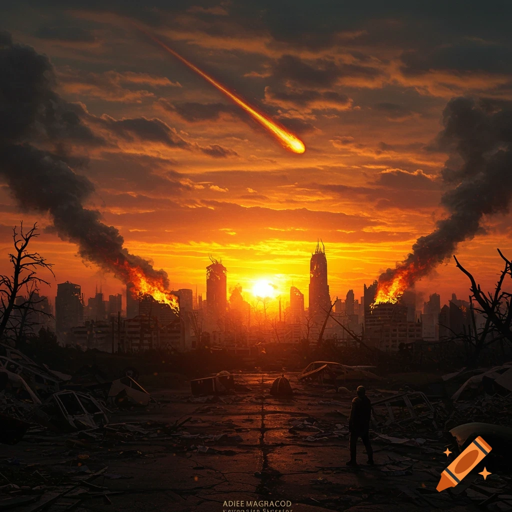 Post-apocalyptic cityscape at sunset with meteor, fire, and figure in debris.