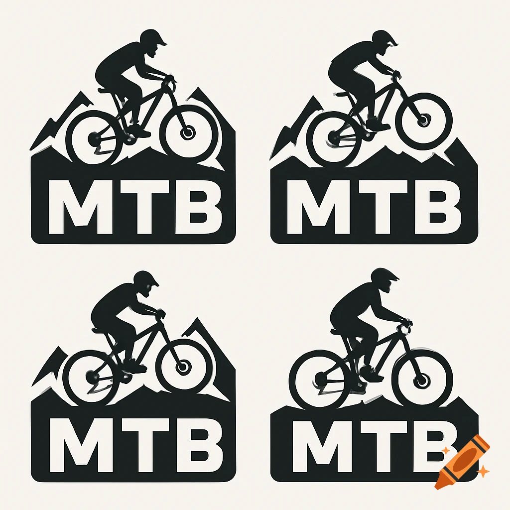 Four black and white logos featuring a mountain biker silhouette, mountains, and the text MTB.
