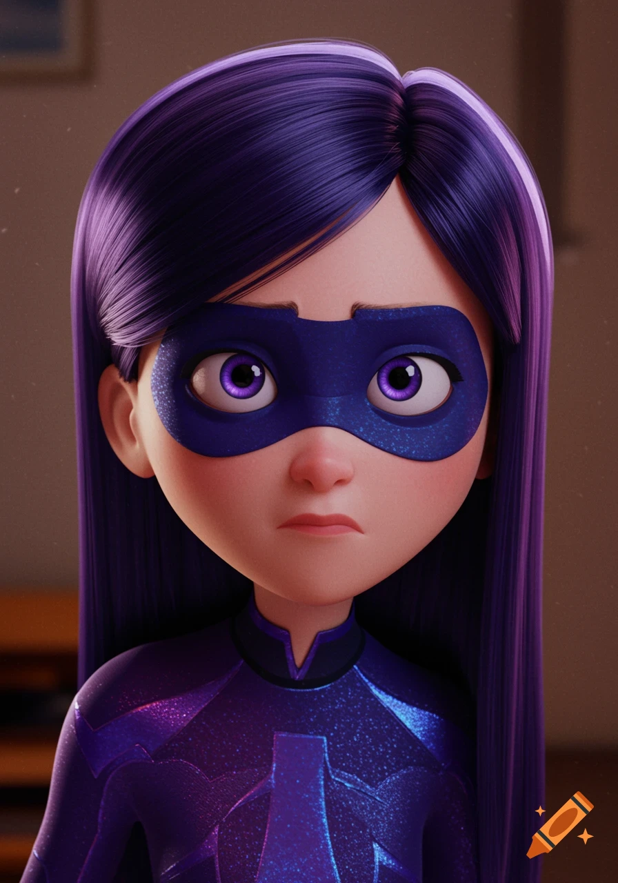 Close-up 3D render portrait of Violet Parr from The Incredibles in her superhero suit and mask, looking worried.