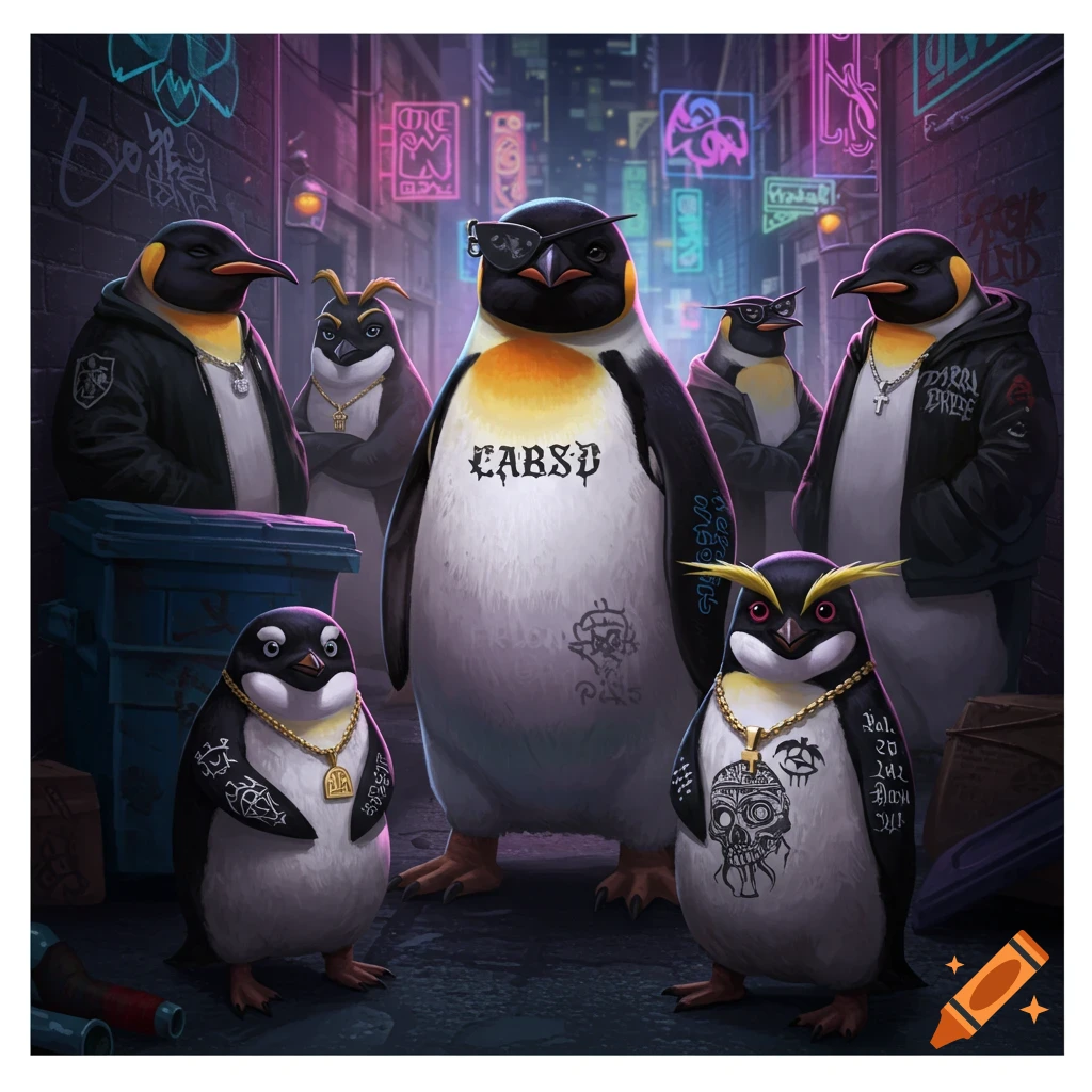 Several anthropomorphic penguins wearing streetwear and jewelry stand in an urban alleyway.