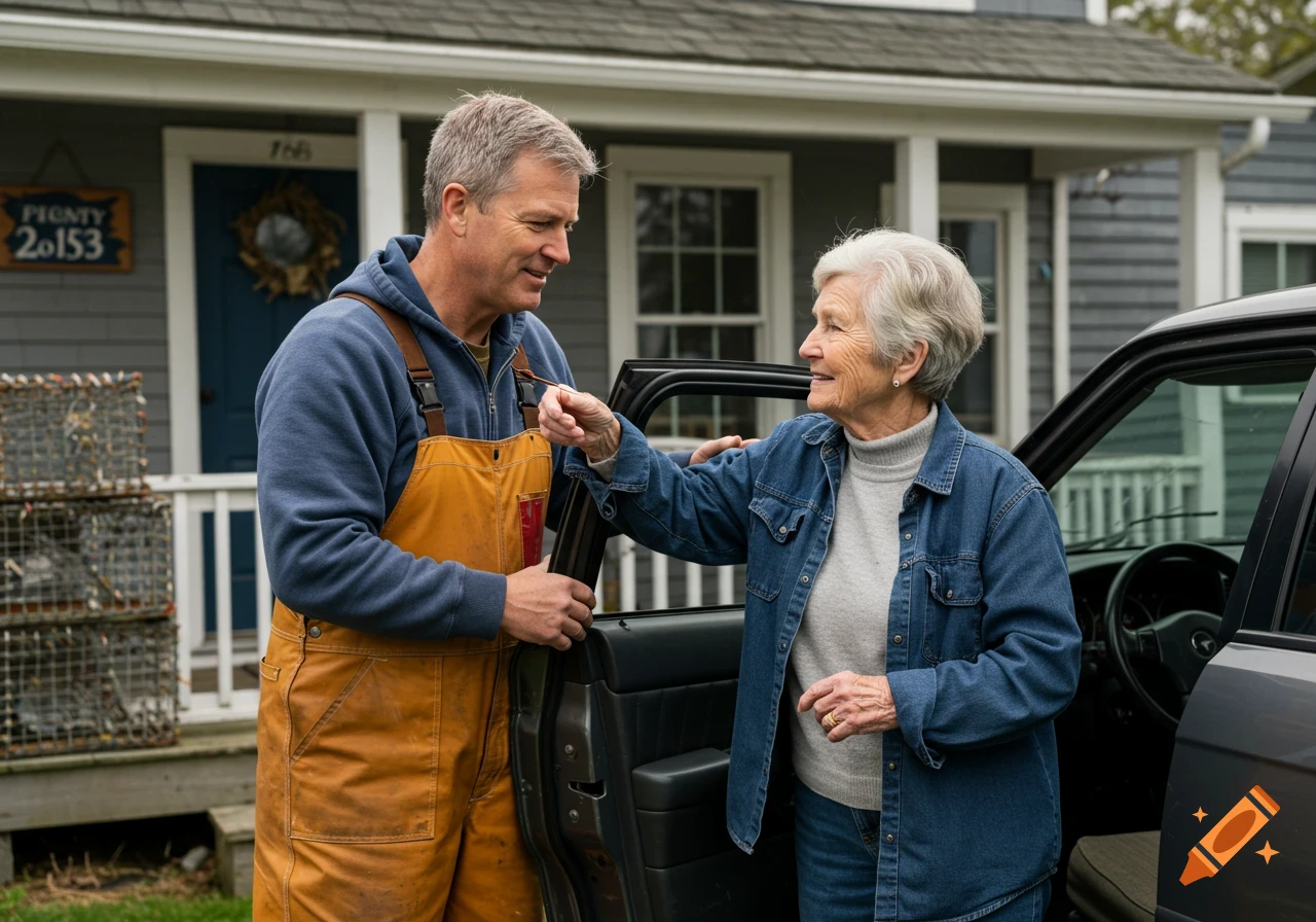Man helps elderly woman into car outside a coastal home with lobster traps nearby.