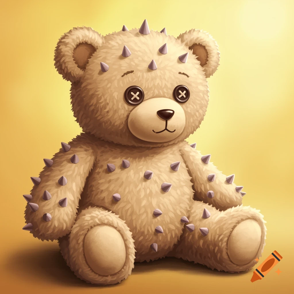 A stuffed teddy bear with spikes on its body.