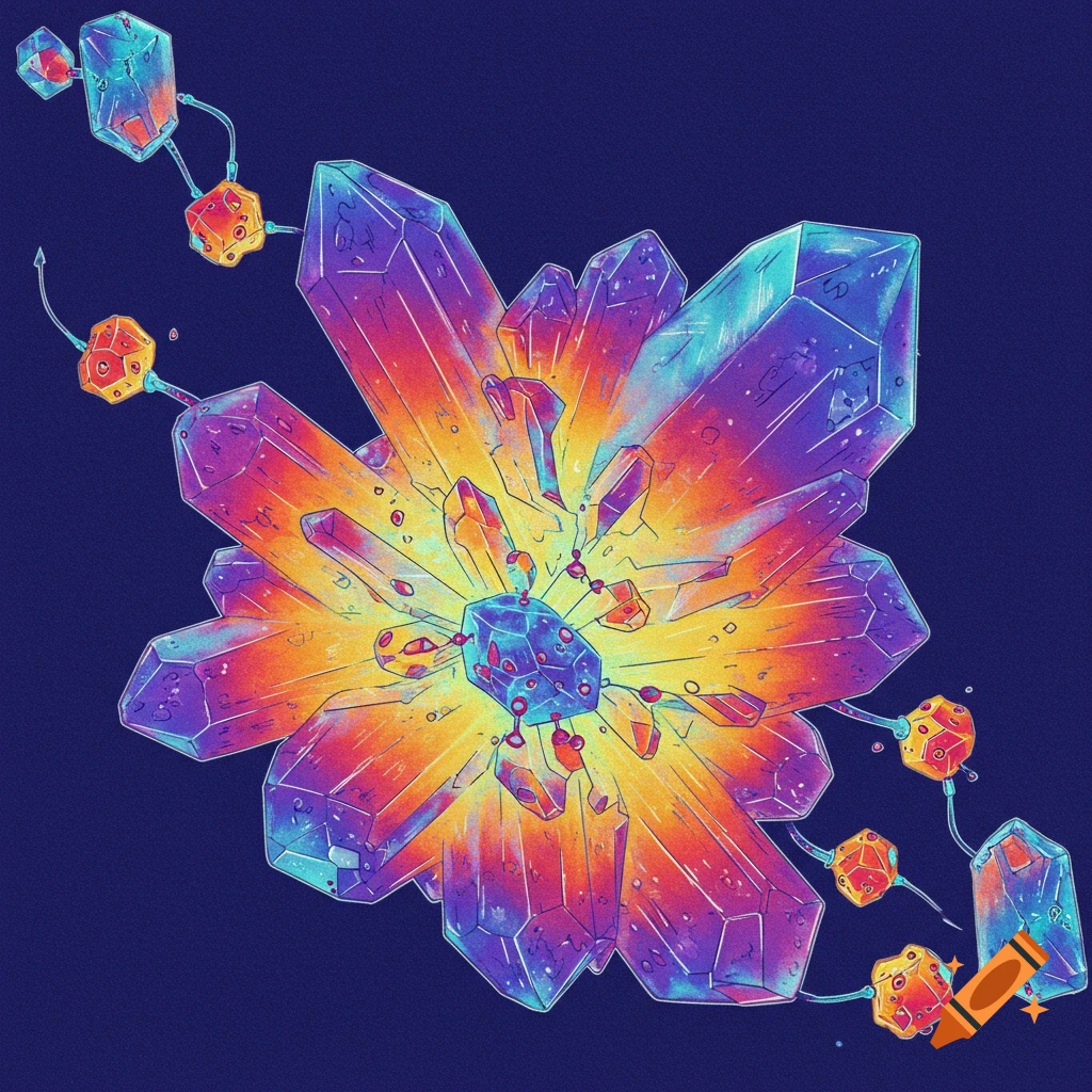 A vibrant cluster of multicolored crystals on a dark blue background, connected by glowing lines.