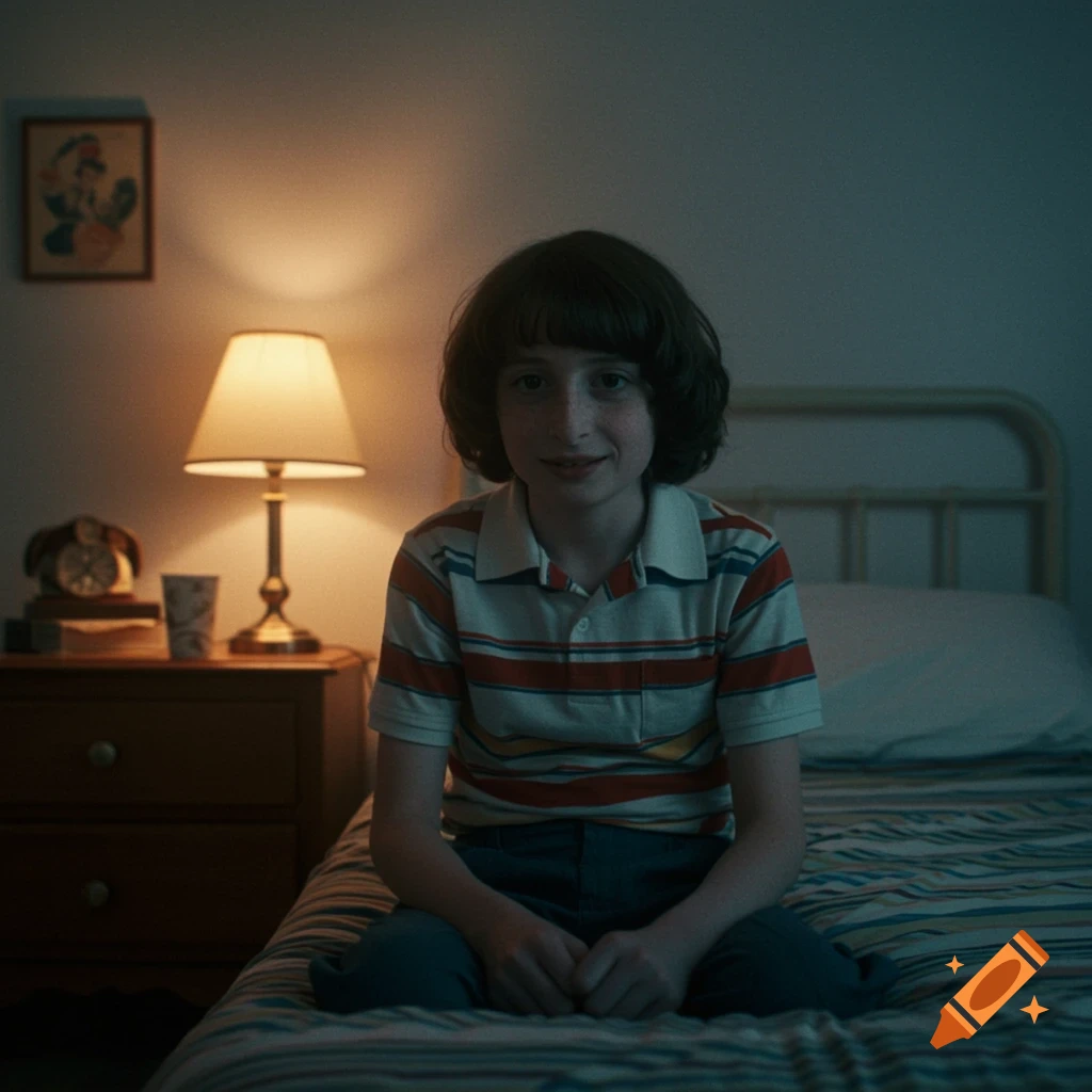 Young boy in a striped shirt sitting on a bed and smiling, lit by a lamp