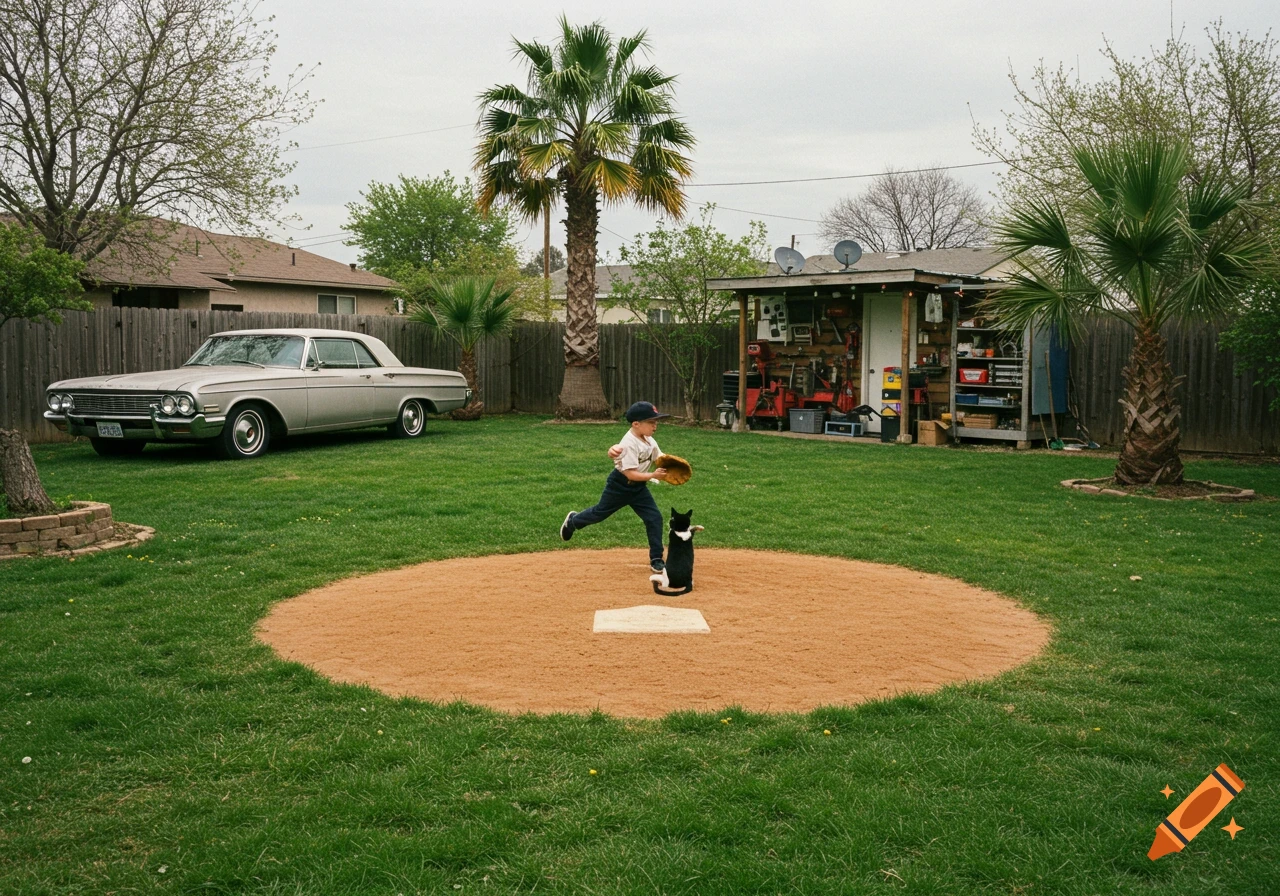 A boy plays baseball with a cat on home plate in a backyard with a classic car.