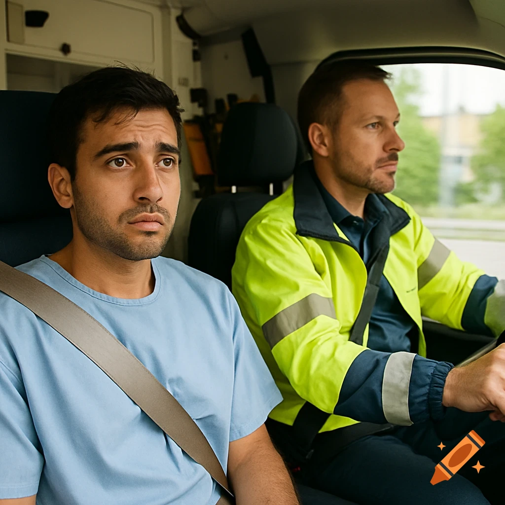 Man in blue shirt sits next to EMT driving ambulance, photorealistic