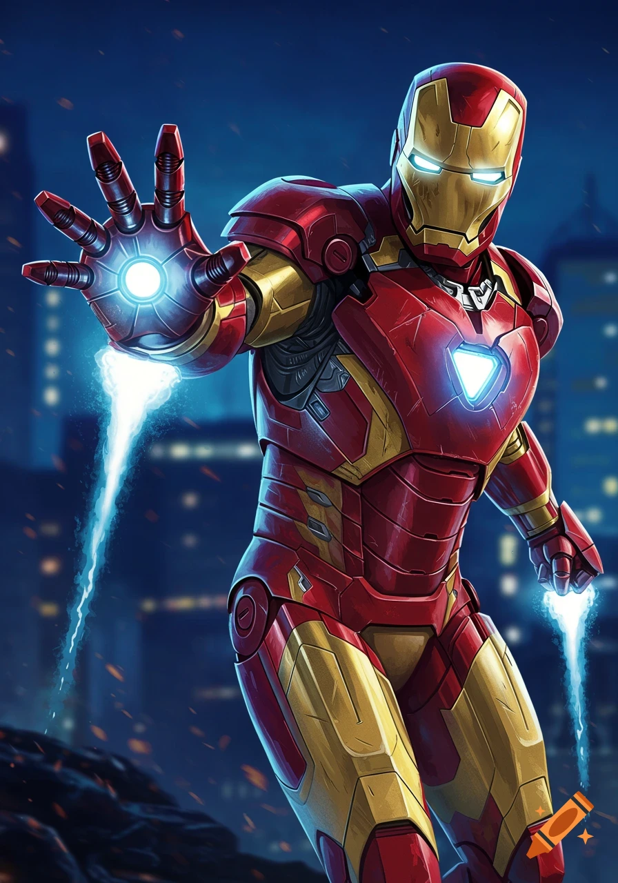 Illustration of Iron Man firing repulsor rays from his hand and boots against a city background.