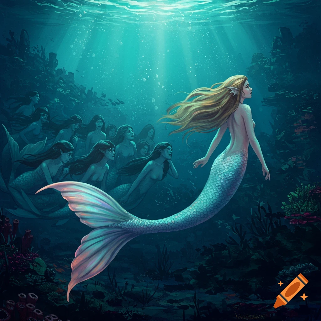An illustrative painting of a blonde mermaid swimming away from a group of other mermaids in deep blue water.
