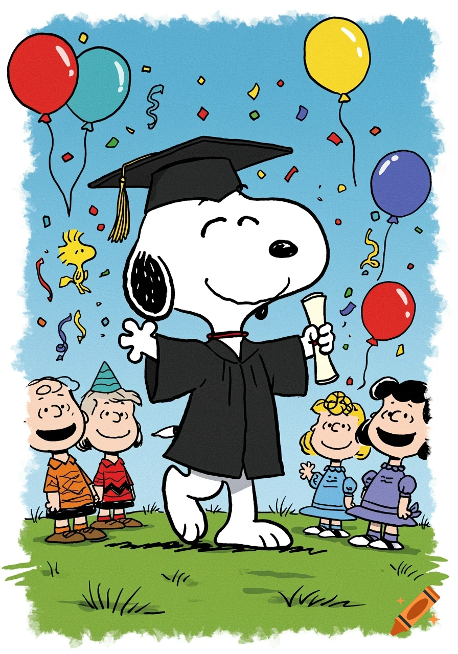Snoopy in a graduation cap and gown holds a diploma while celebrating with Peanuts characters, balloons, and confetti.