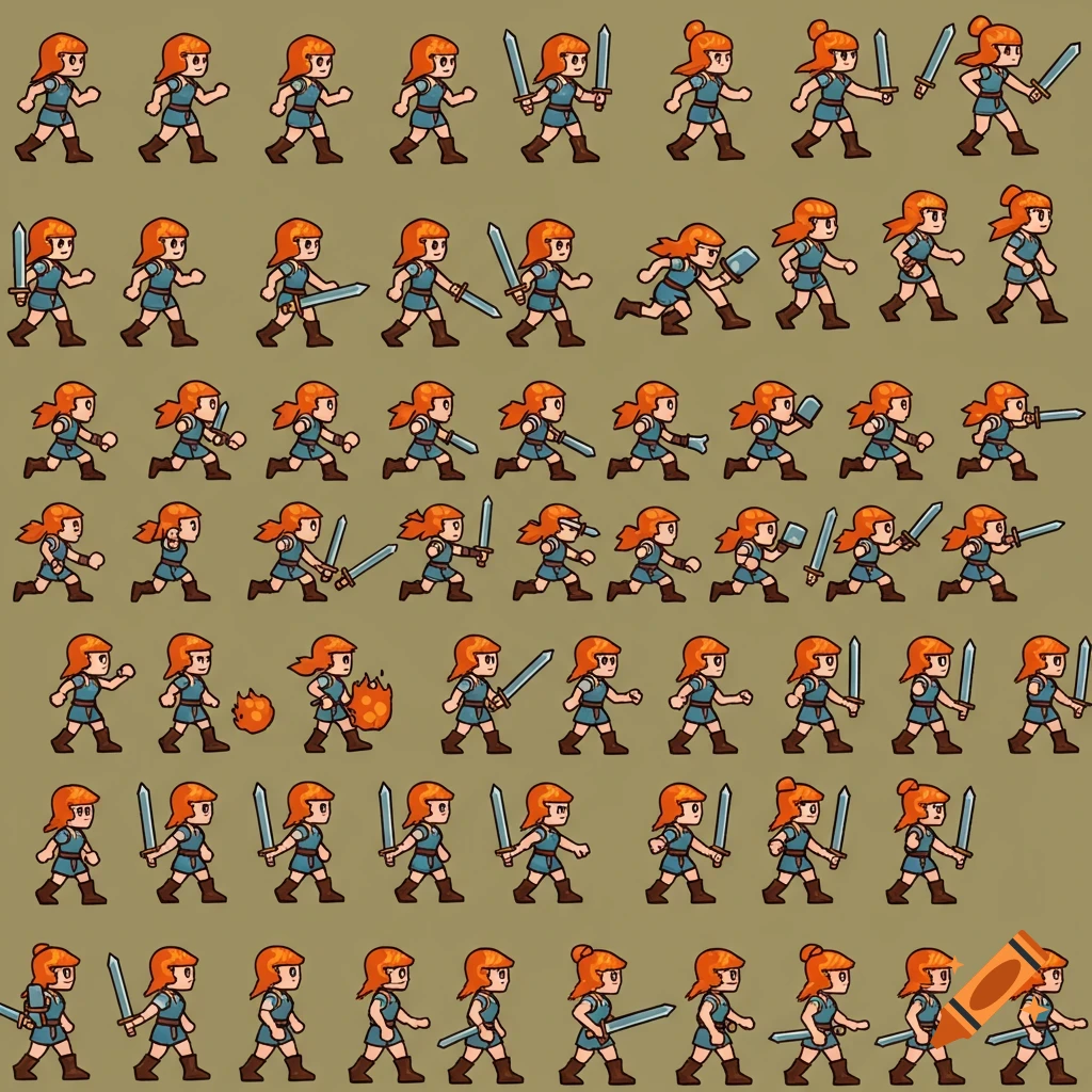 16-bit pixel art spritesheet of a female warrior in various walking and ...