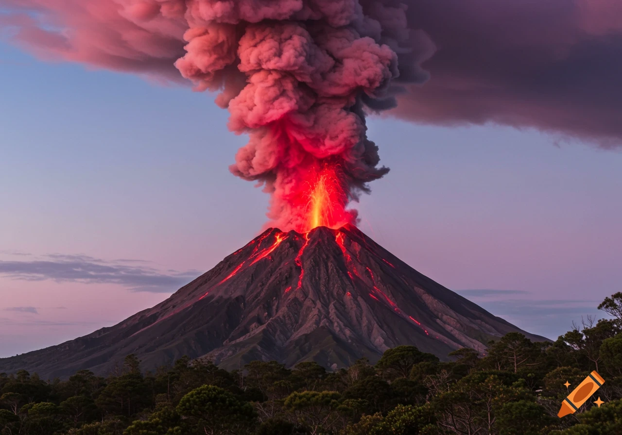 A volcano erupts with red lava flows and a large plume of pink and red smoke against a twilight sky.