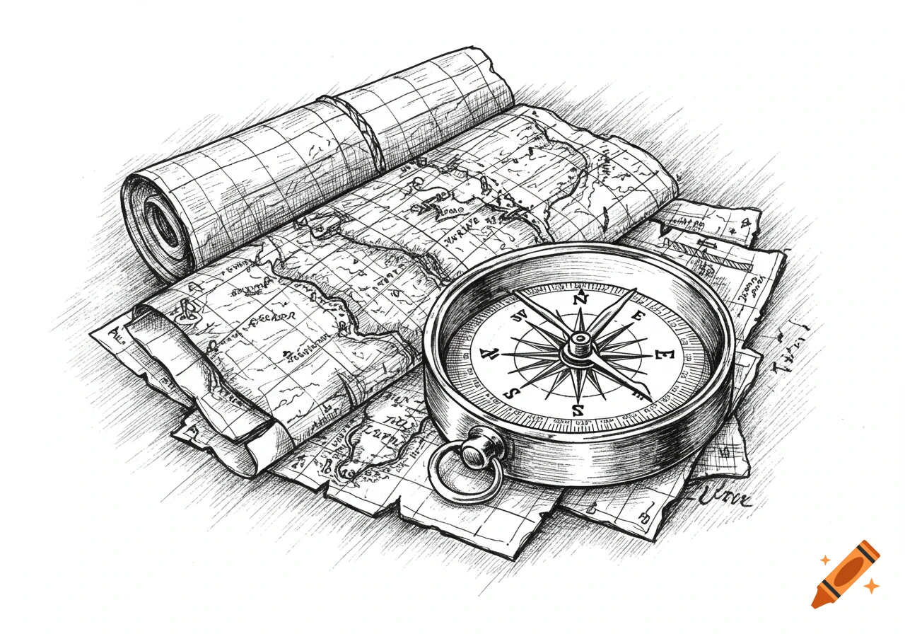 Monochromatic ink sketch of a compass on rolled and spread maps.