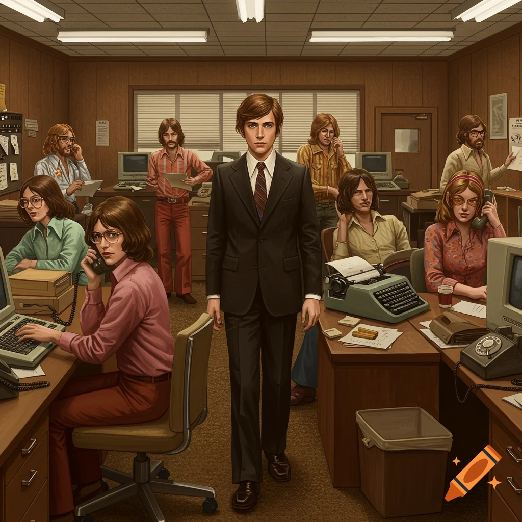 People working in a 1970s office setting.