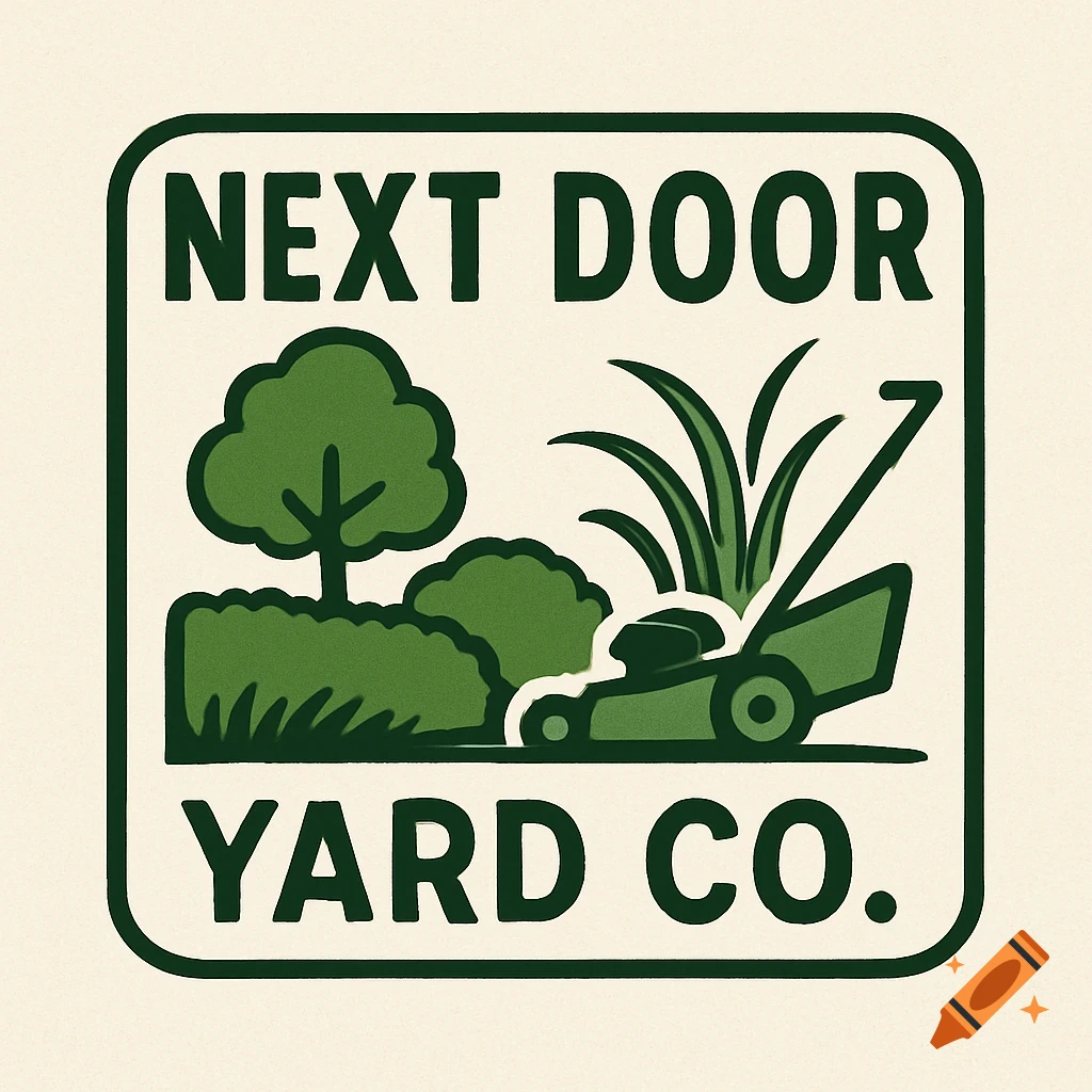 Logo for Next Door Yard Co. with lawnmower, tree, and text.