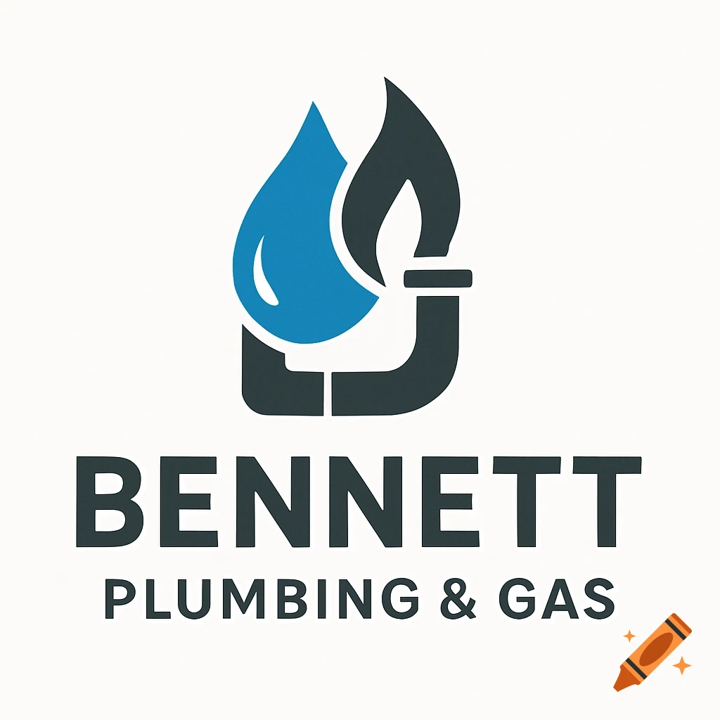 Logo for Bennett Plumbing & Gas featuring a blue water drop and a black flame rising from a pipe.