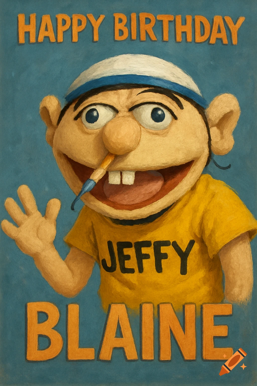 A puppet character resembling Jeffy from SML, wearing a yellow shirt that says "JEFFY" and a white hat, waves with one hand while holding a paintbrush in his mouth. Orange text reads "HAPPY BIRTHDAY" above him and "BLAINE" below.