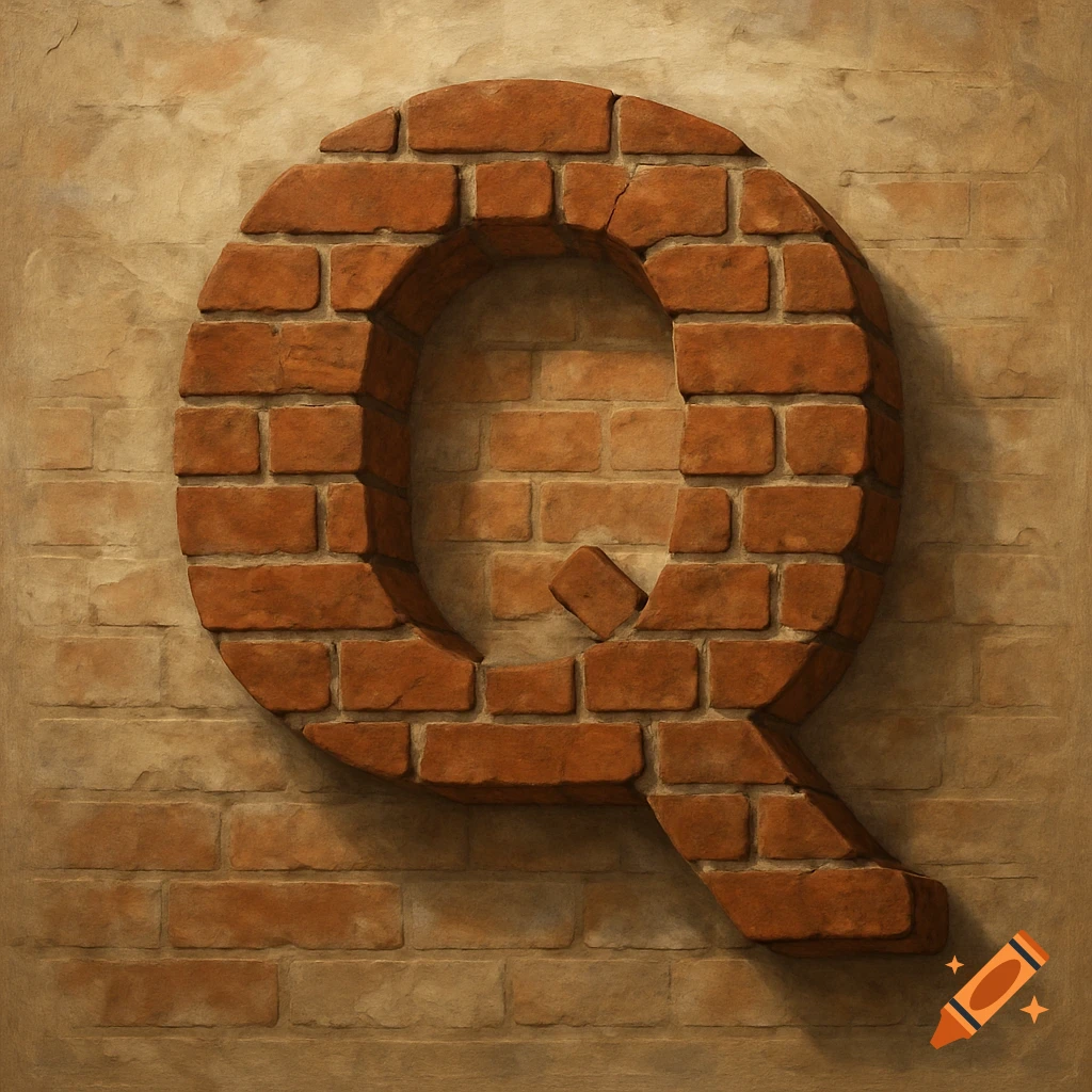 Letter Q rendered as bricks on a brick wall