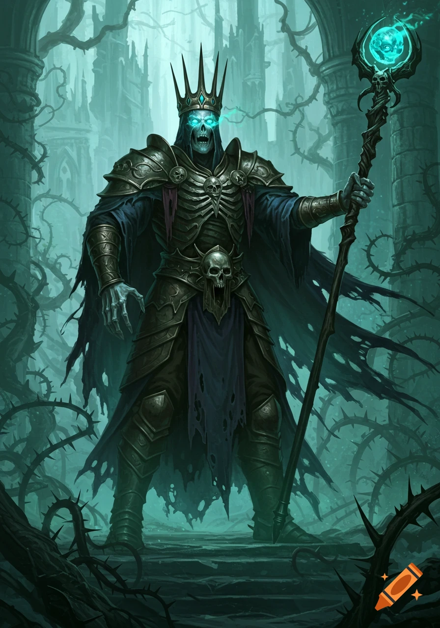 An undead king in dark armor and crown holding a staff with a glowing orb, standing in ruins with thorns.
