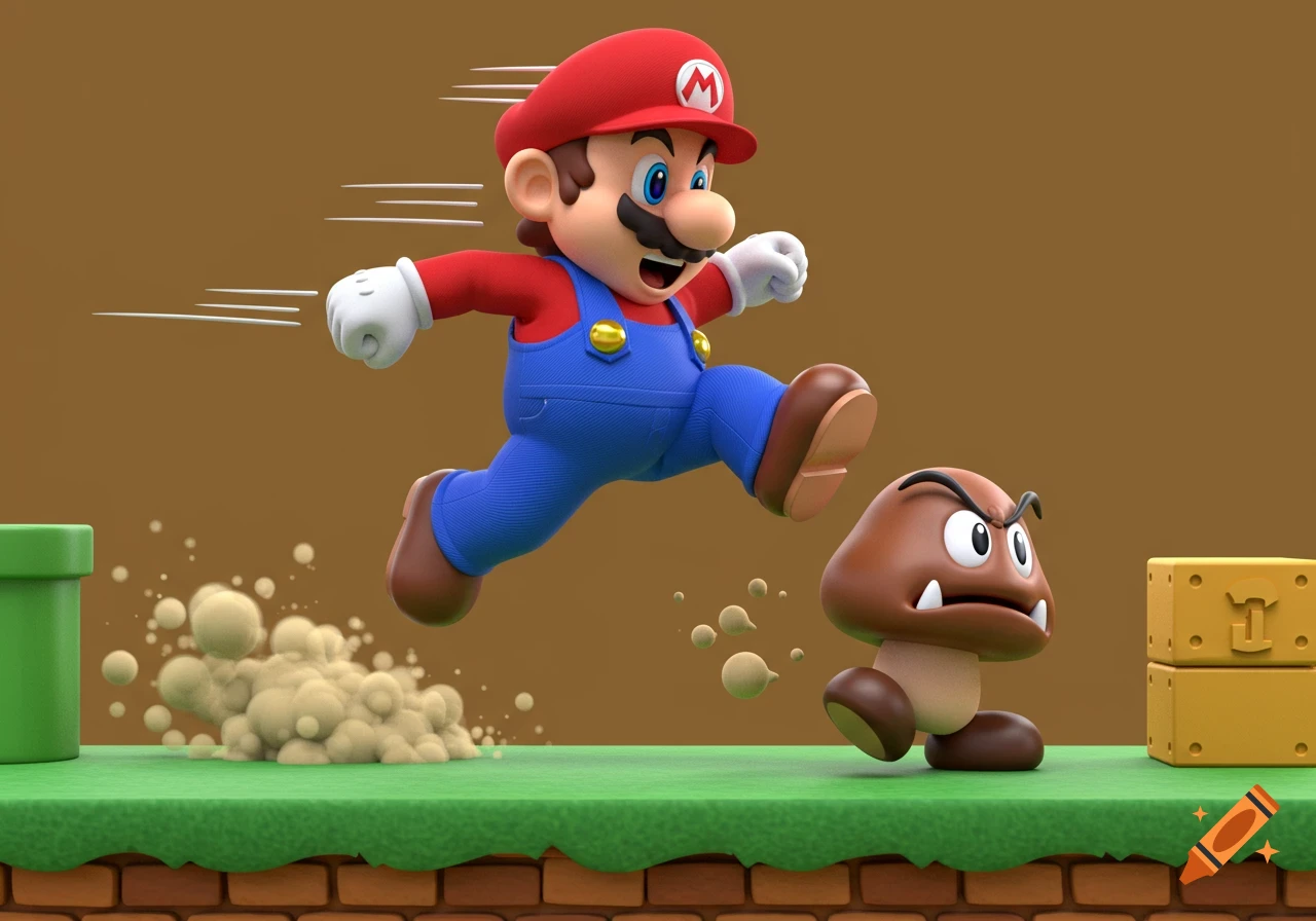 3D illustration of Mario jumping to squash a Goomba in a classic game environment. on Craiyon