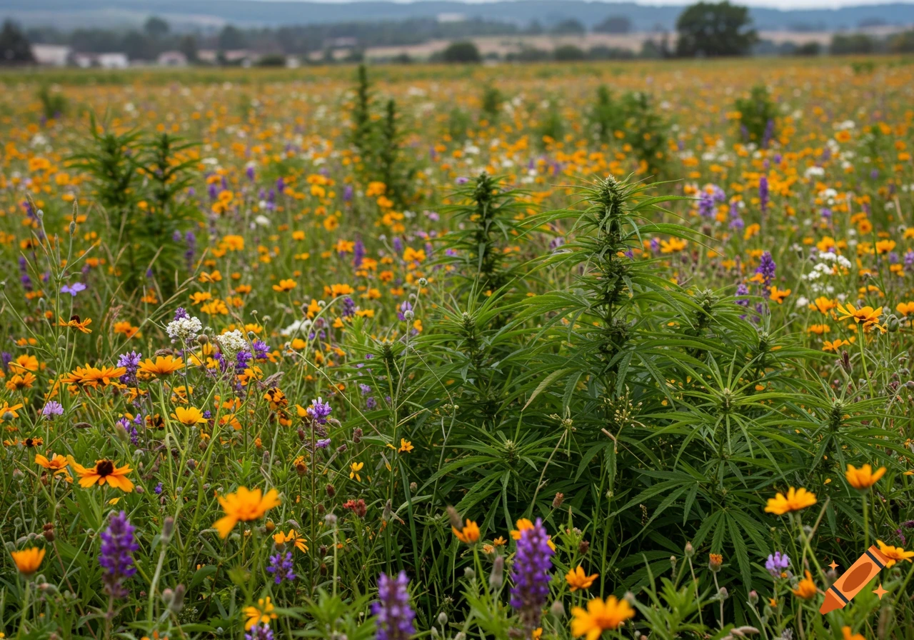 Cannabis plants growing in a field of wildflowers