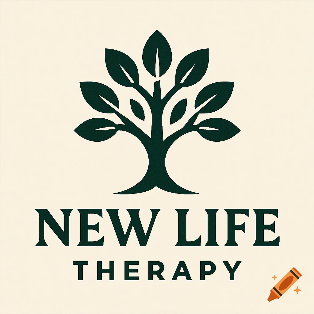 Logo for New Life Therapy featuring a dark tree symbol above the text.