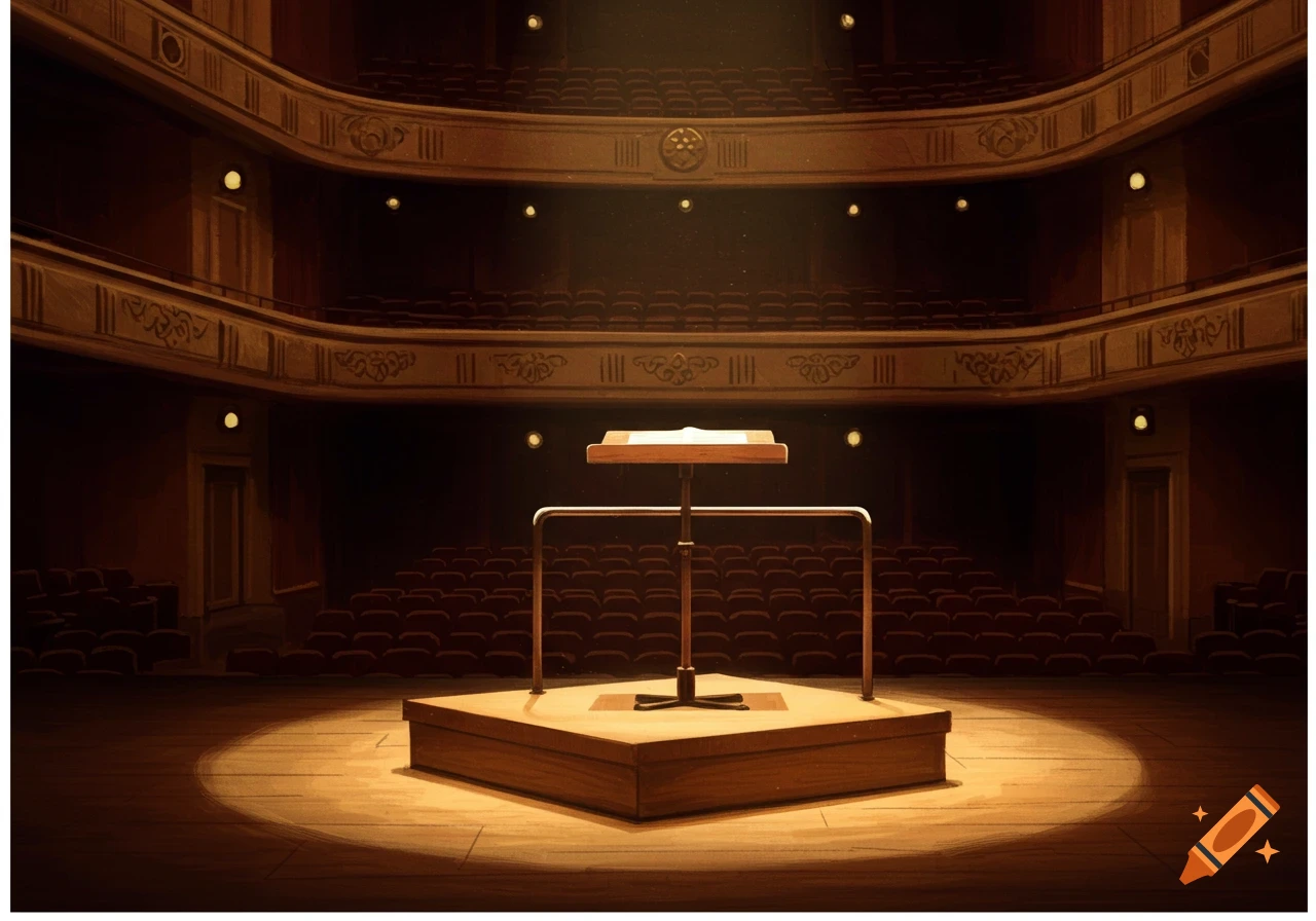An empty theatre stage with a conductor's podium illuminated by a spotlight.