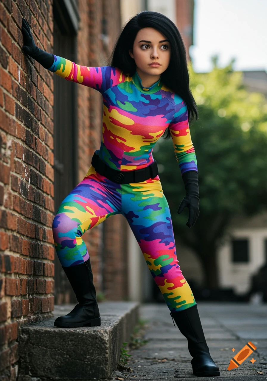 A woman in a colorful rainbow camouflage suit stands on a concrete wall next to a brick building.
