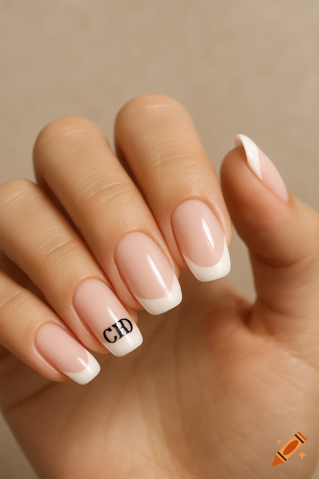 Close-up of hand with French tip nails and CID initials on one nail.