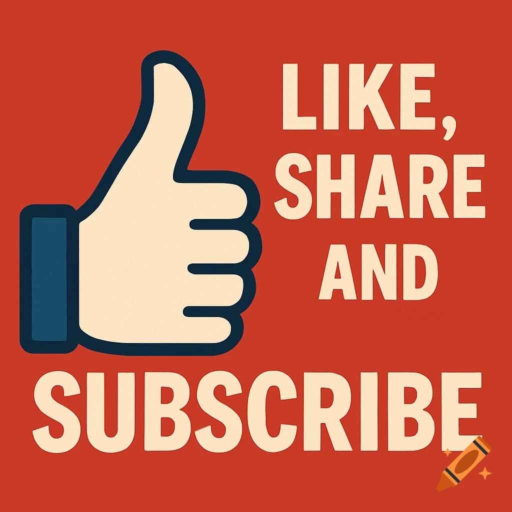 Graphic of a thumbs-up hand next to text 'LIKE, SHARE AND SUBSCRIBE' on a red background.