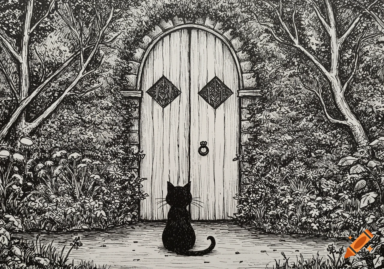 A black cat sits before an arched wooden door in an overgrown garden, in a black and white sketch style.