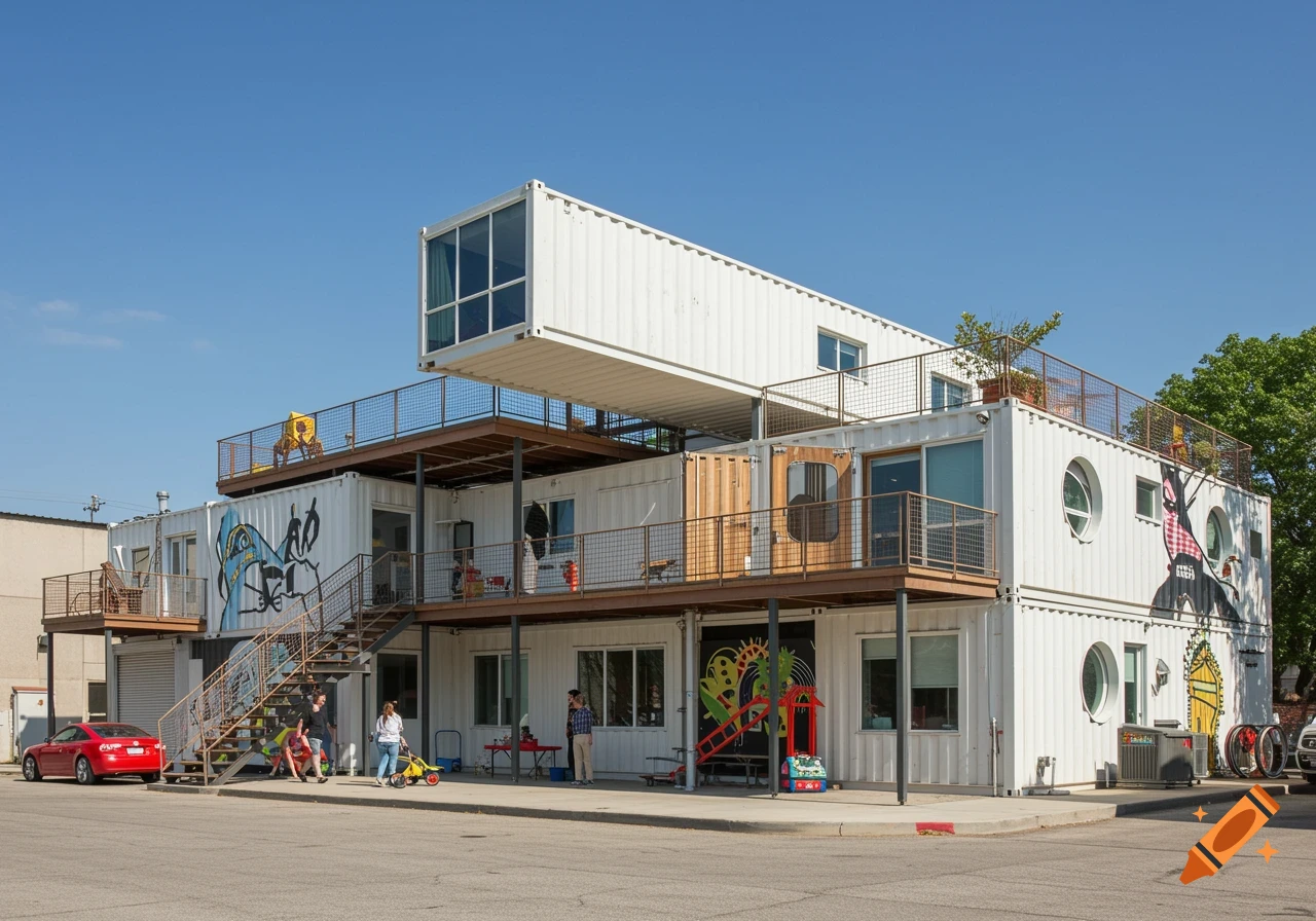 A modular building made of stacked shipping containers with balconies and stairs, people outside