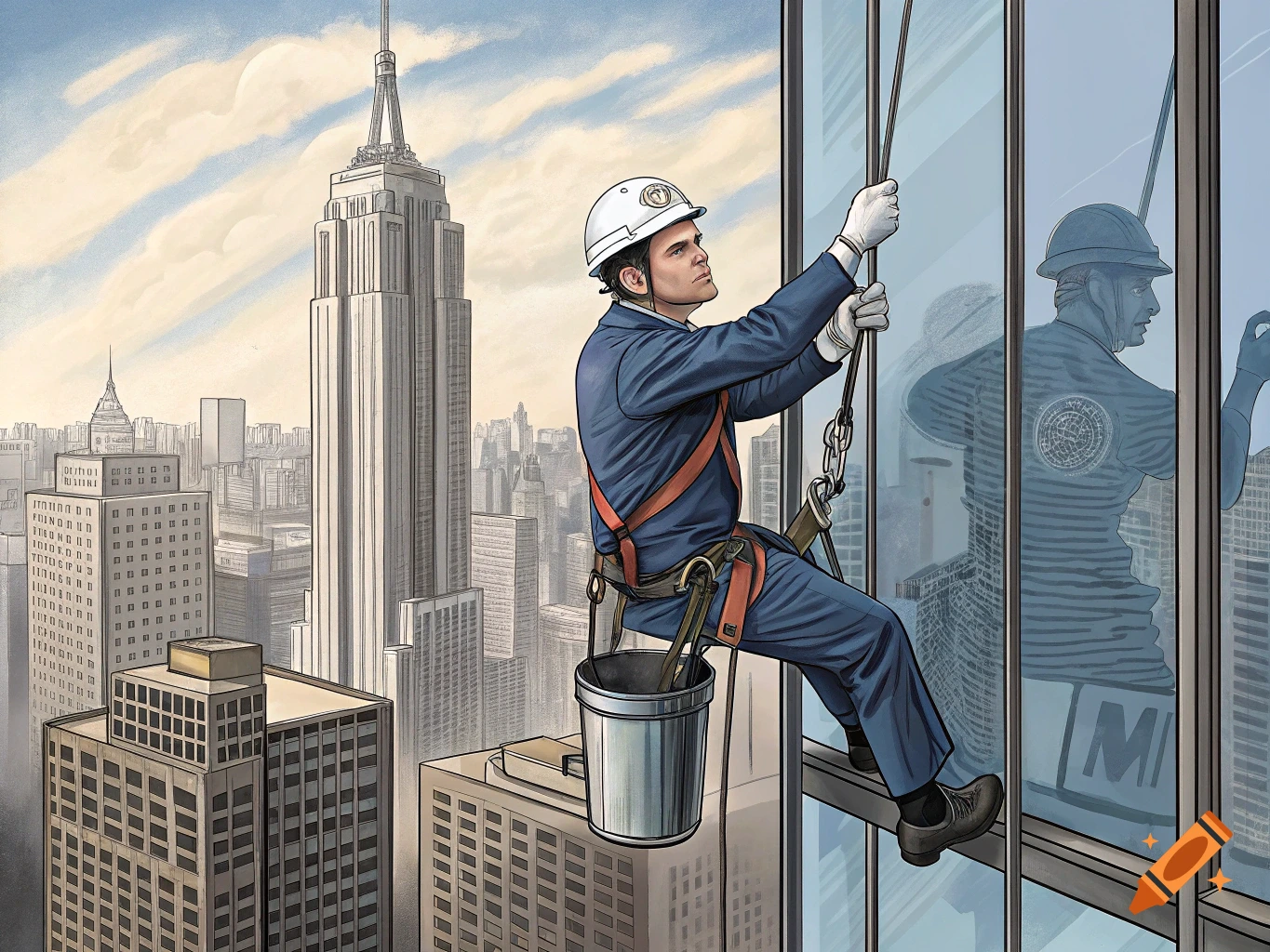 Illustration of a window washer cleaning windows on a skyscraper, with the Empire State Building visible behind him.