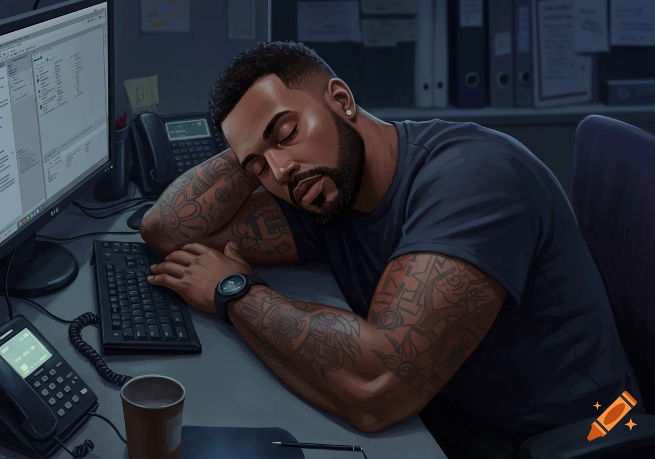 A heavily tattooed man sleeps at his office desk, head resting on his arm near a computer keyboard.